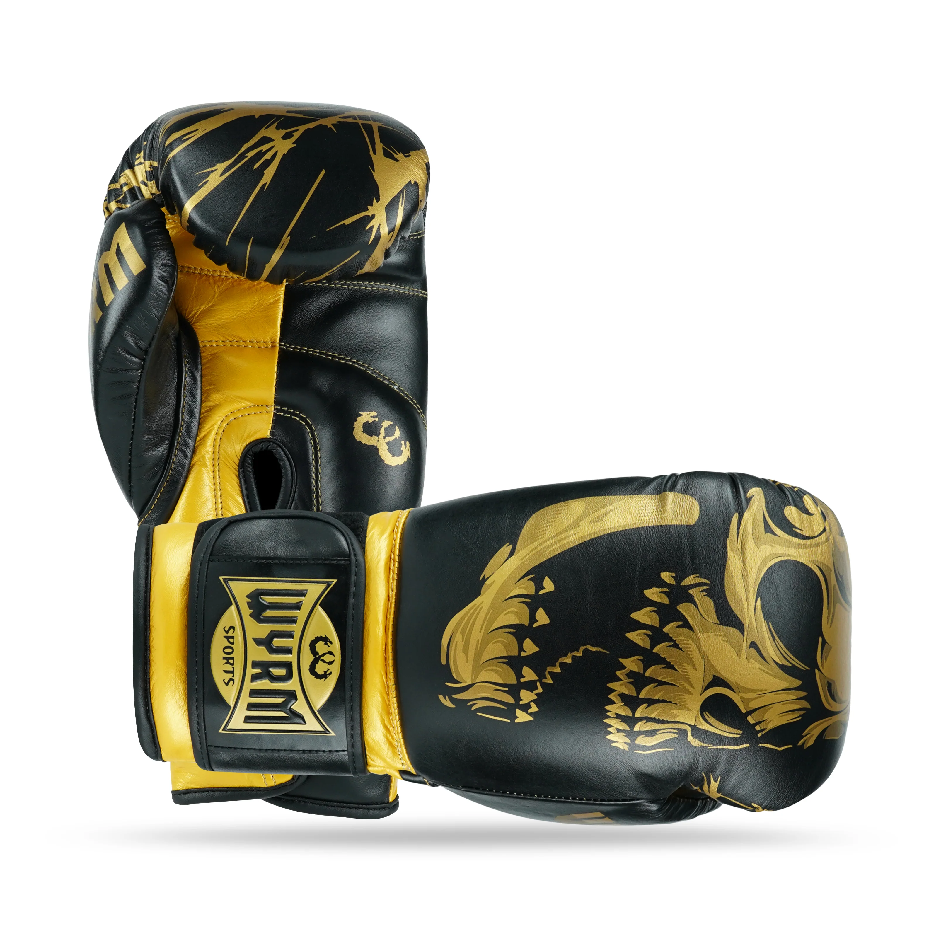 Skull Gold/Black Genuine Leather Boxing Gloves - Image 3