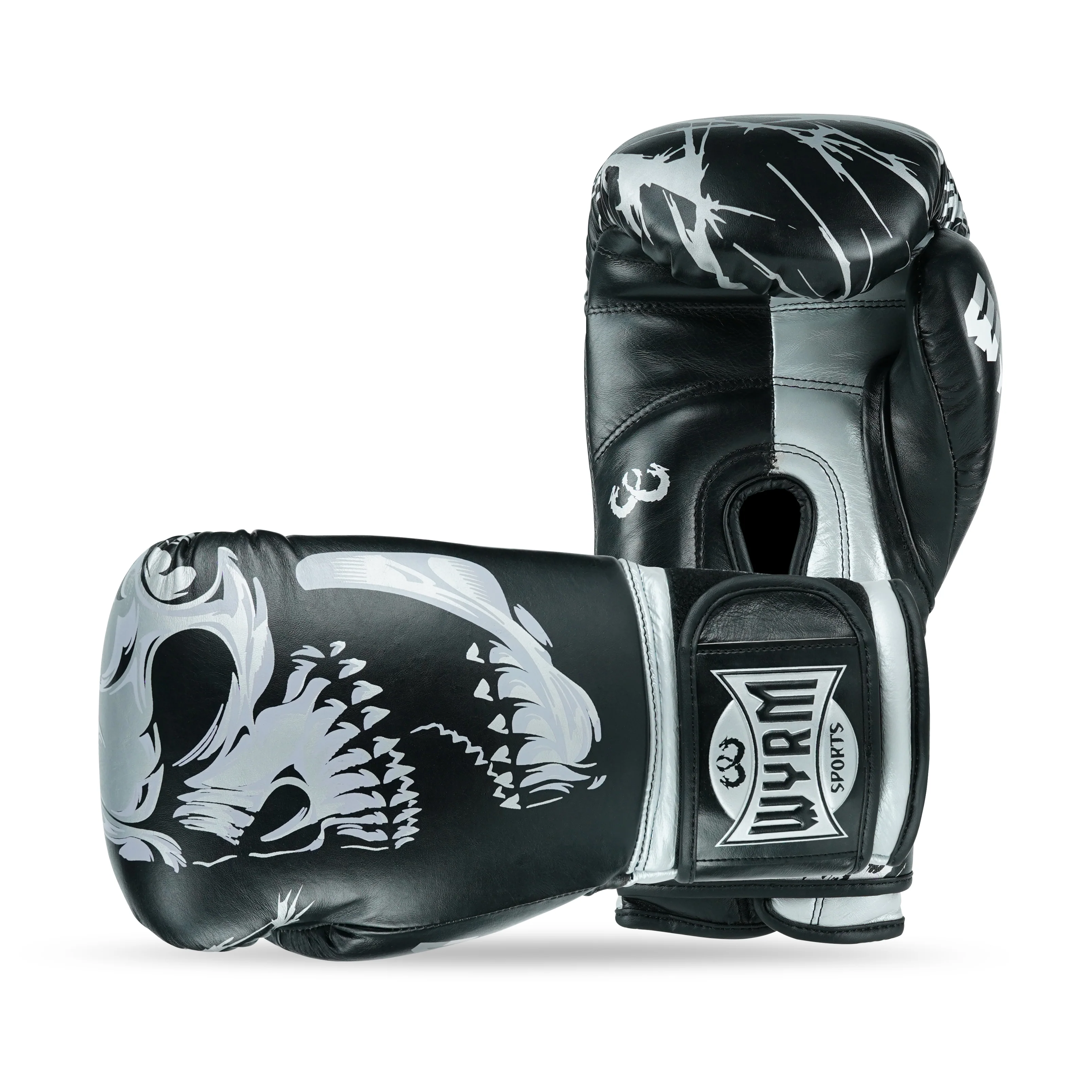 Skull Silver/Black Genuine Leather Boxing Gloves - Image 3