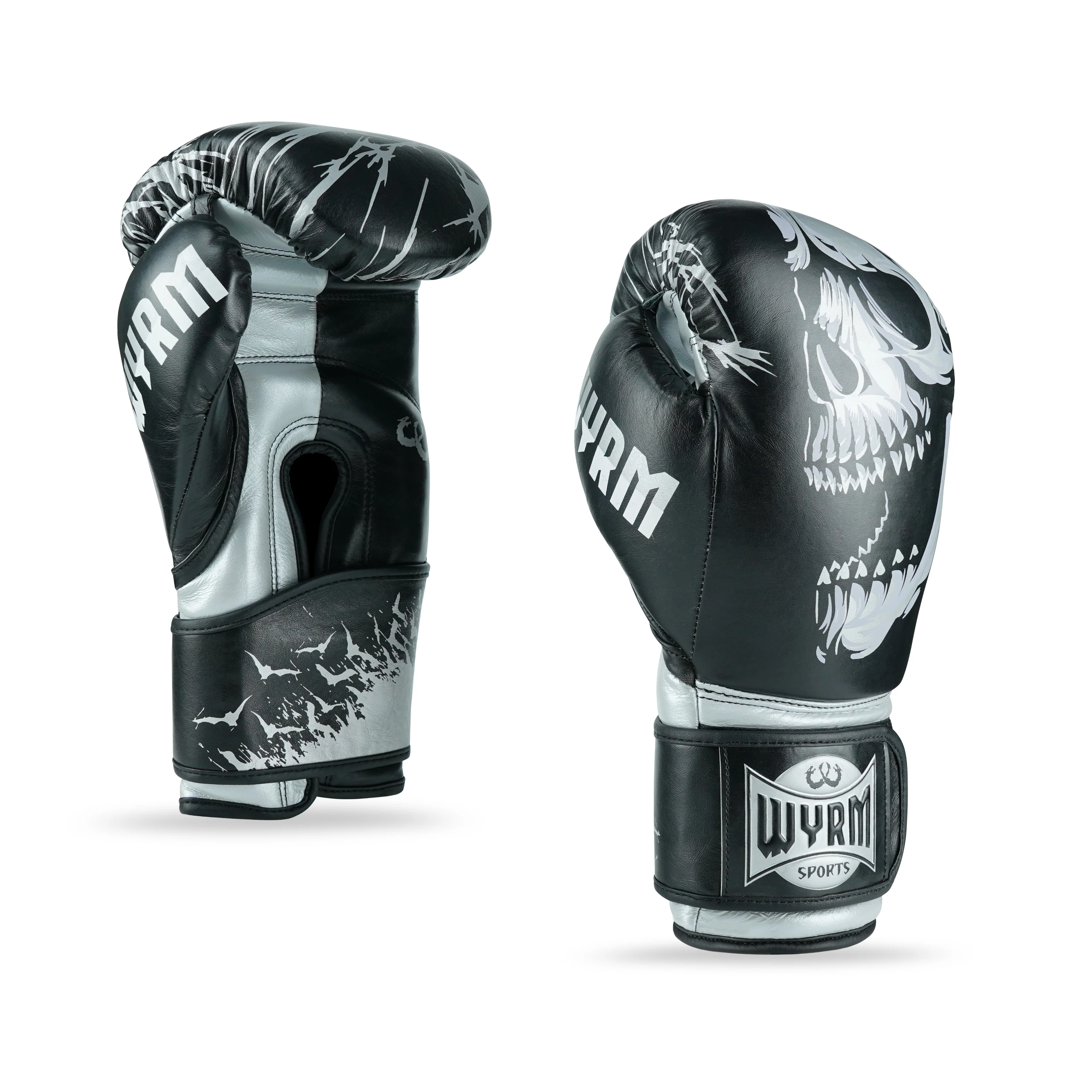 Skull Silver/Black Genuine Leather Boxing Gloves - Image 5