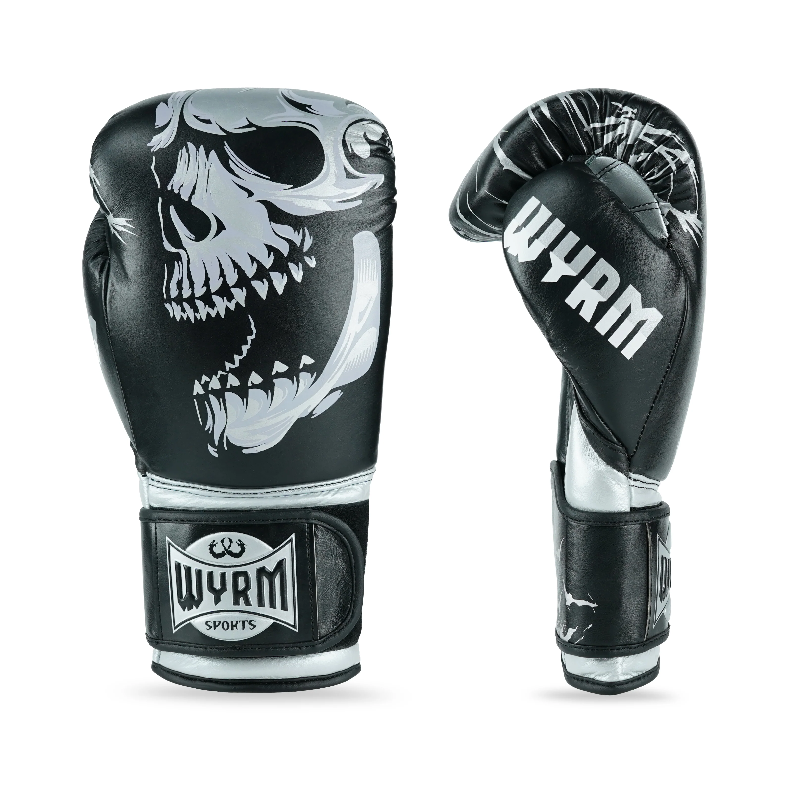 Skull Silver/Black Genuine Leather Boxing Gloves - Image 6